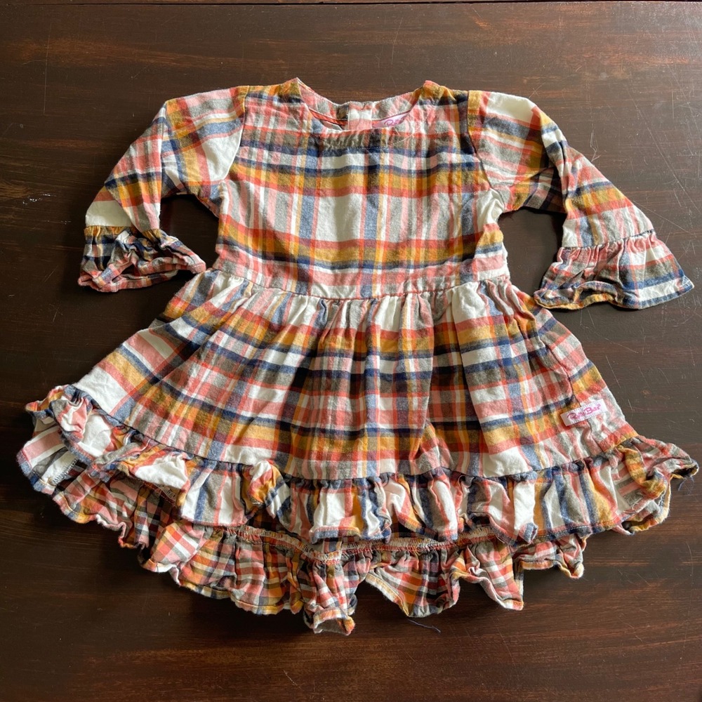 RuffleButts‎ Toddler Girls 4T Plaid Ruffle Dress Orange Yellow Blue Cotton 4T